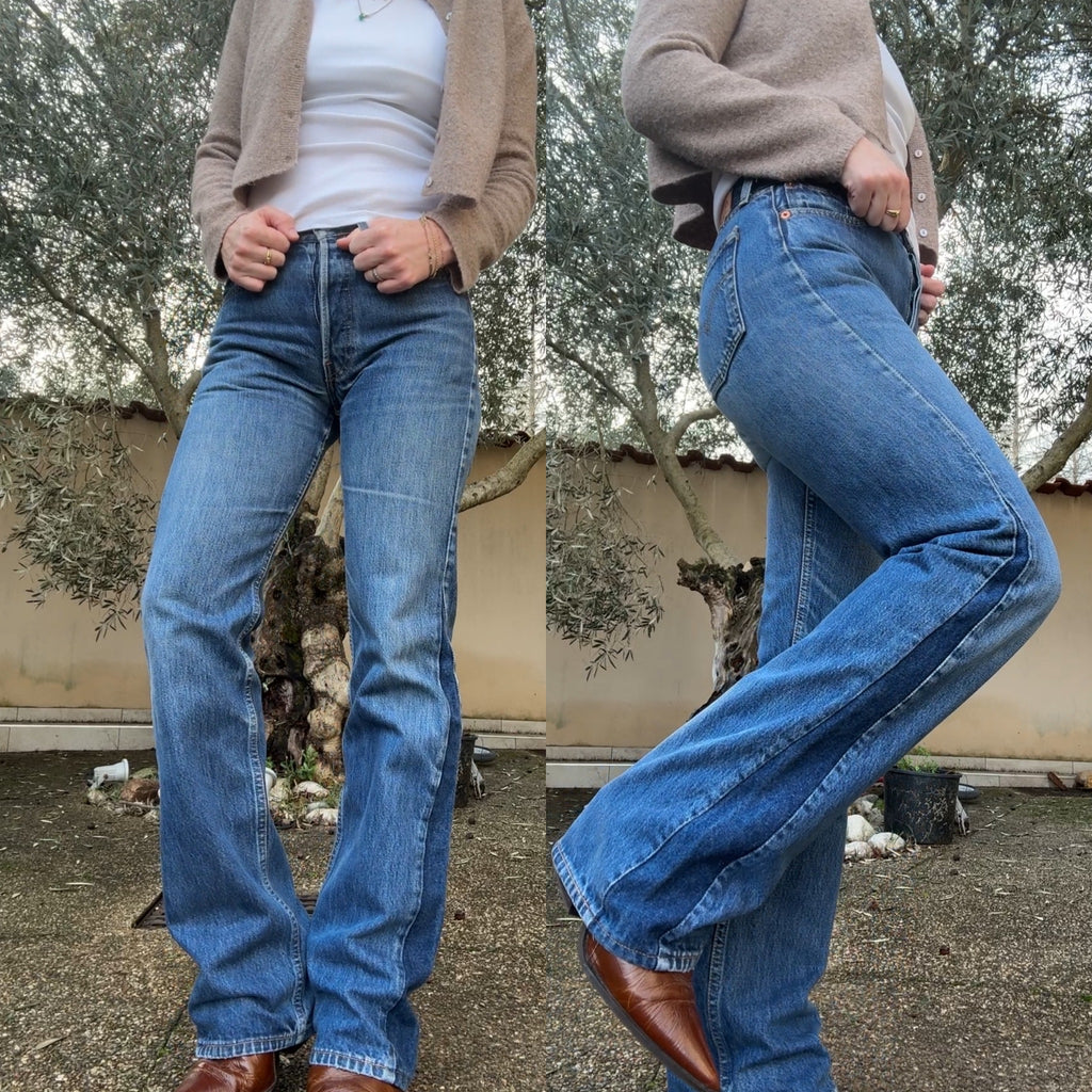 W27 L32 vintage Levis 501 26-27” measured dark blue denim made in 90s flare