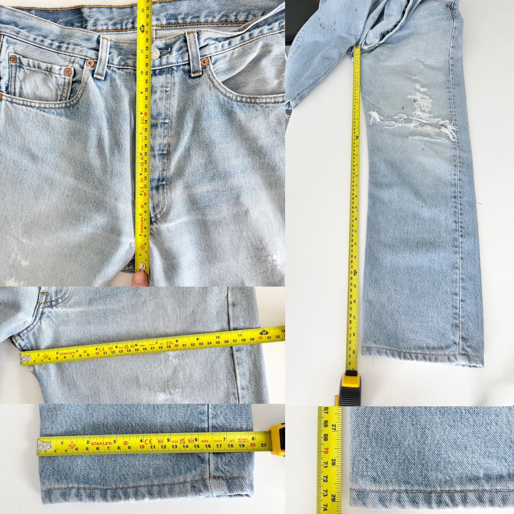 W31 L29 Levis 501 vintage 30-31” waist light faded blue distressed 501s made in Canada 90s