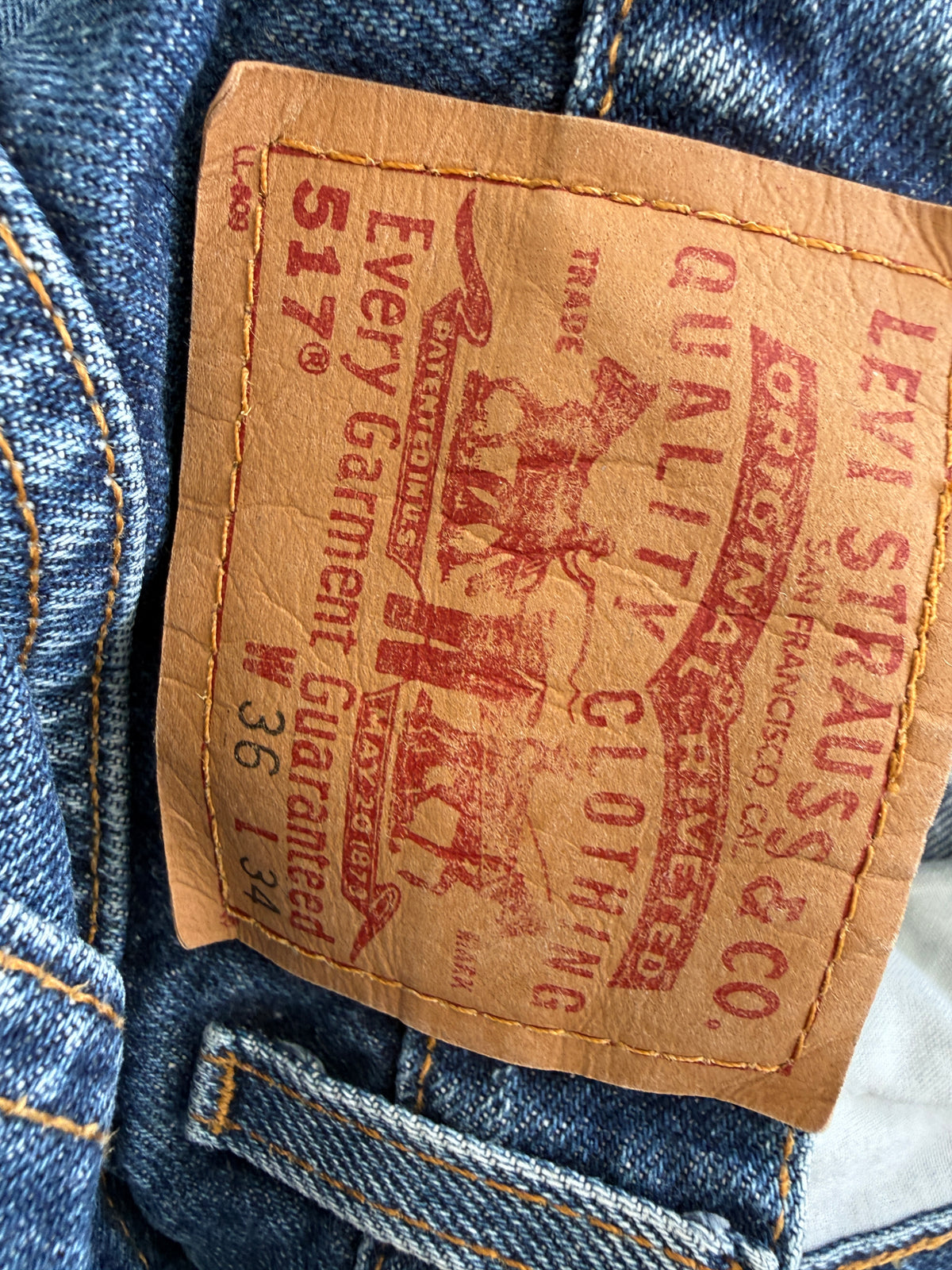 W33 L31 vintage Levis 517 dark blue faded wallet mark 33” measured waist 517s