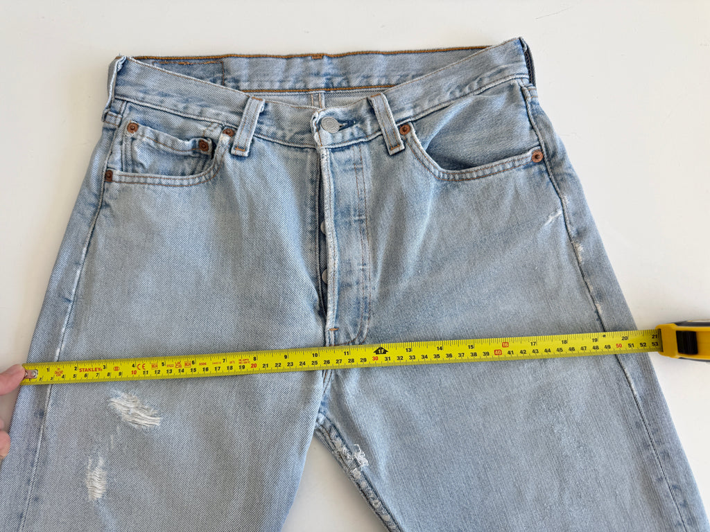 Soft W28 L30 vintage Levis 501s 28” measured light blue 501s 90s USA  distressed