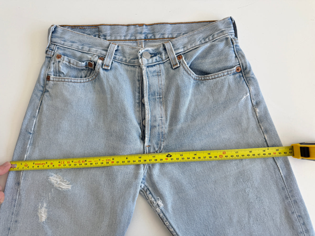 Soft W28 L30 vintage Levis 501s 28” measured light blue 501s 90s USA  distressed