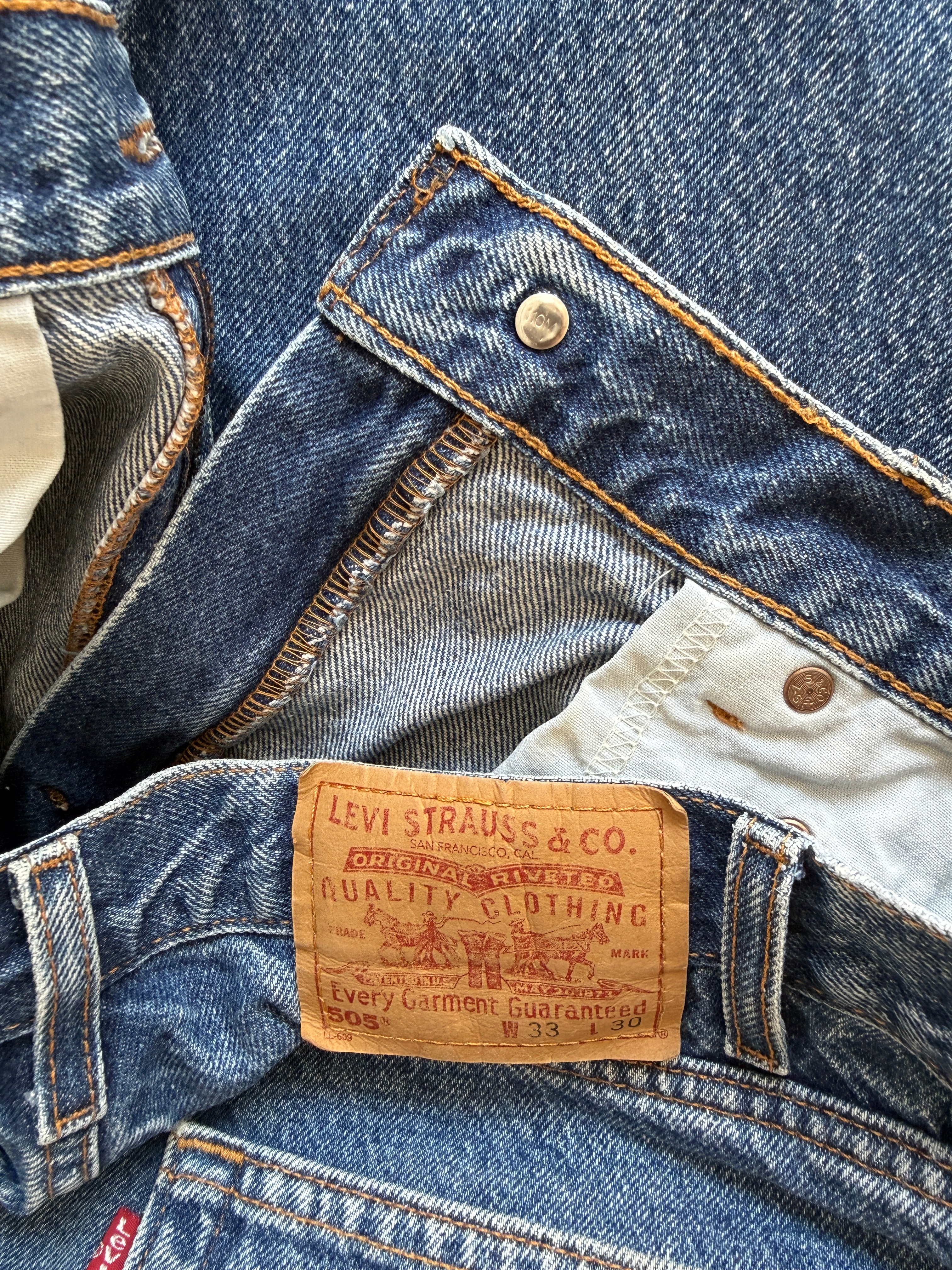 W31 L29 vintage Levis 505 30/31” measured waist dark blue 505s made in 90s  Wallet mark