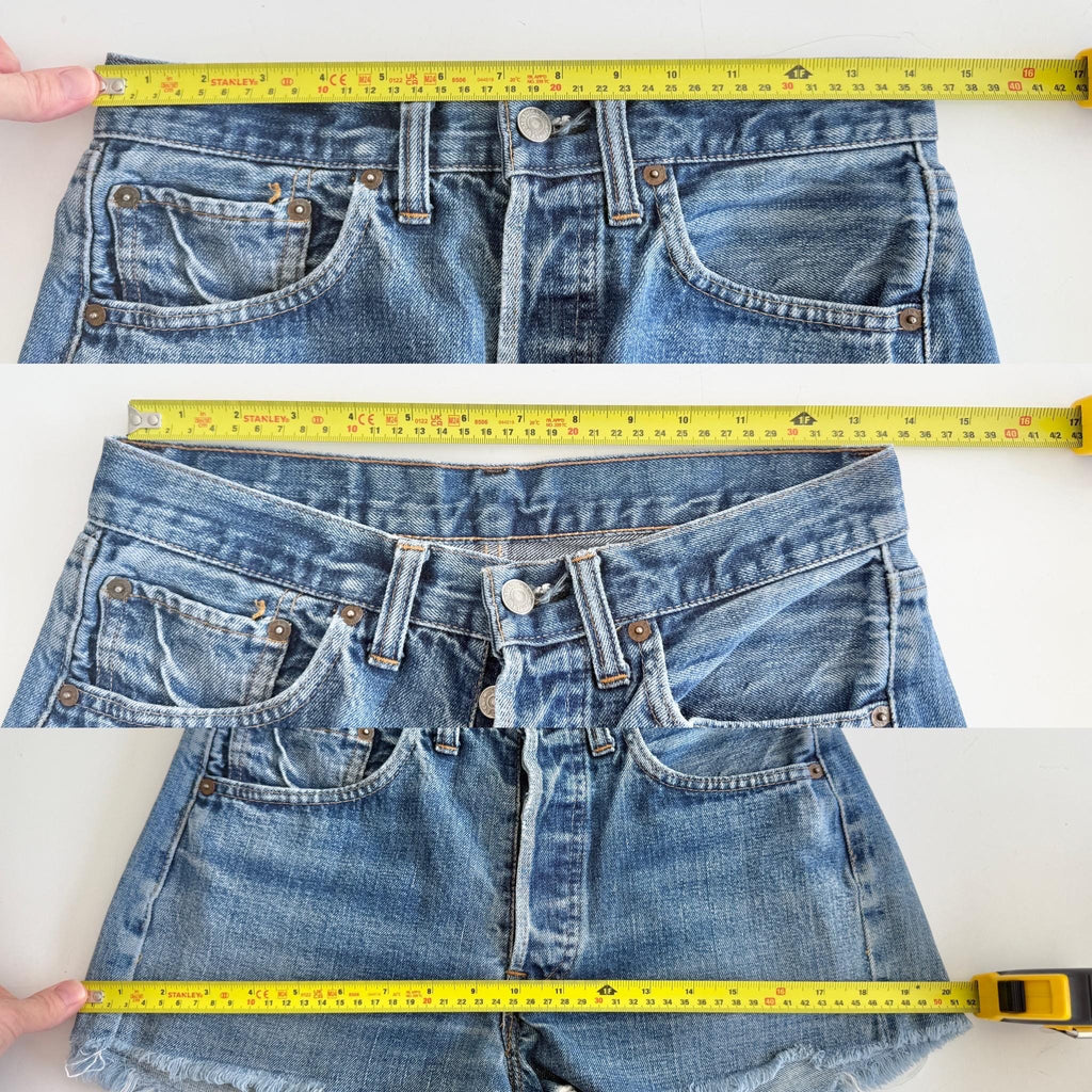 W27 selvedge Levis 501 vintage shorts 26-28” measured waist medium faded blue made in USA 70/80s