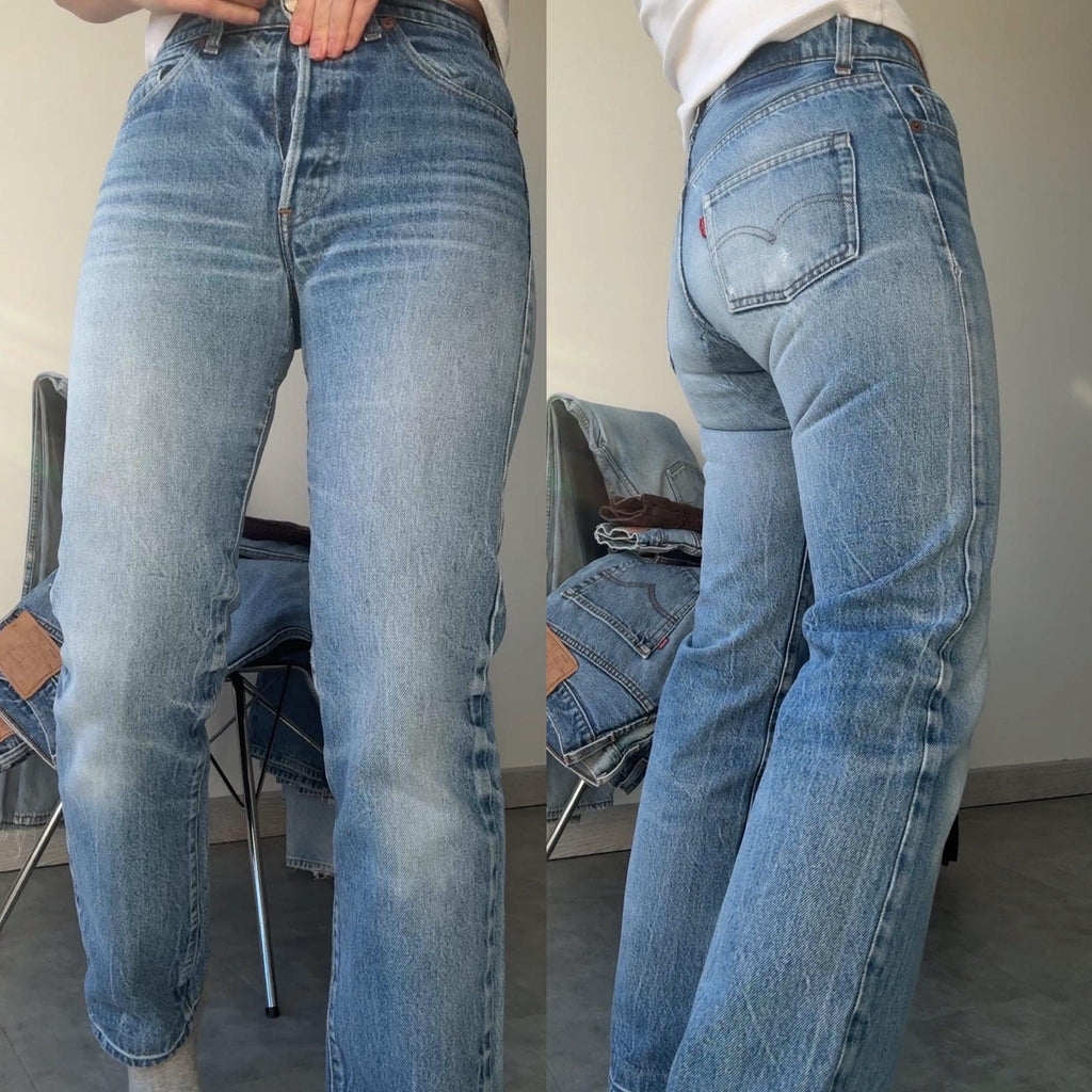 W27 L28 vintage Levis 501 27” measured whiskers faded dark blue made in 80s