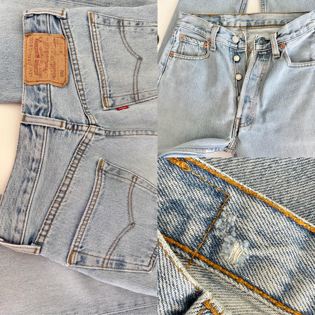 W25 L31 Levis 501 vintage 25” measured waist medium light blue made in 90s