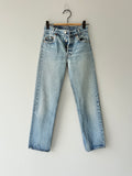 Soft W24 L28 vintage Levis 701s 23/24” measured waist light faded blue USA 80s 701s