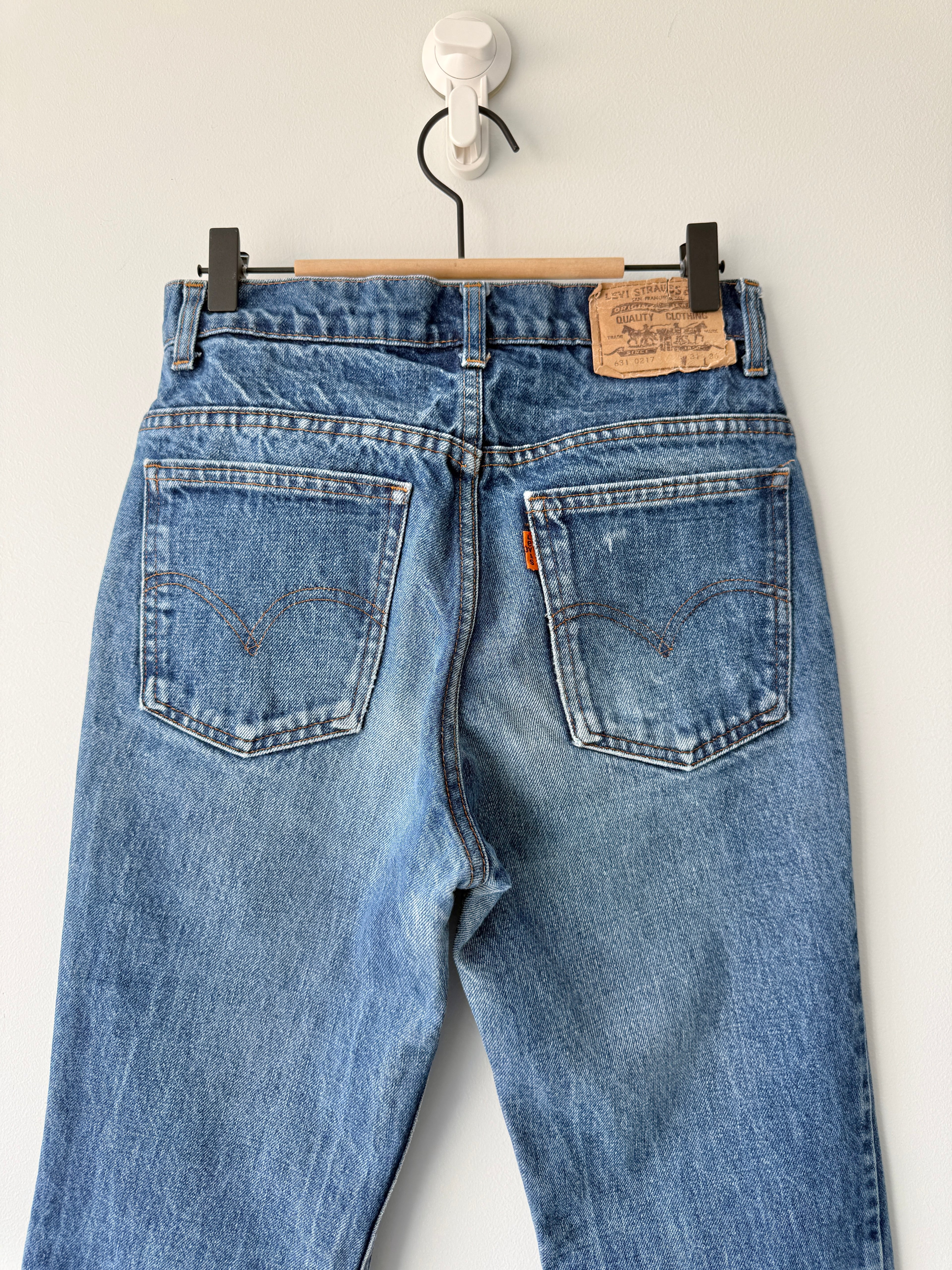 W27 L30 vintage Levis 631 26-27” measured dark faded blue denim orange tab 80/90s Levi’s 631s