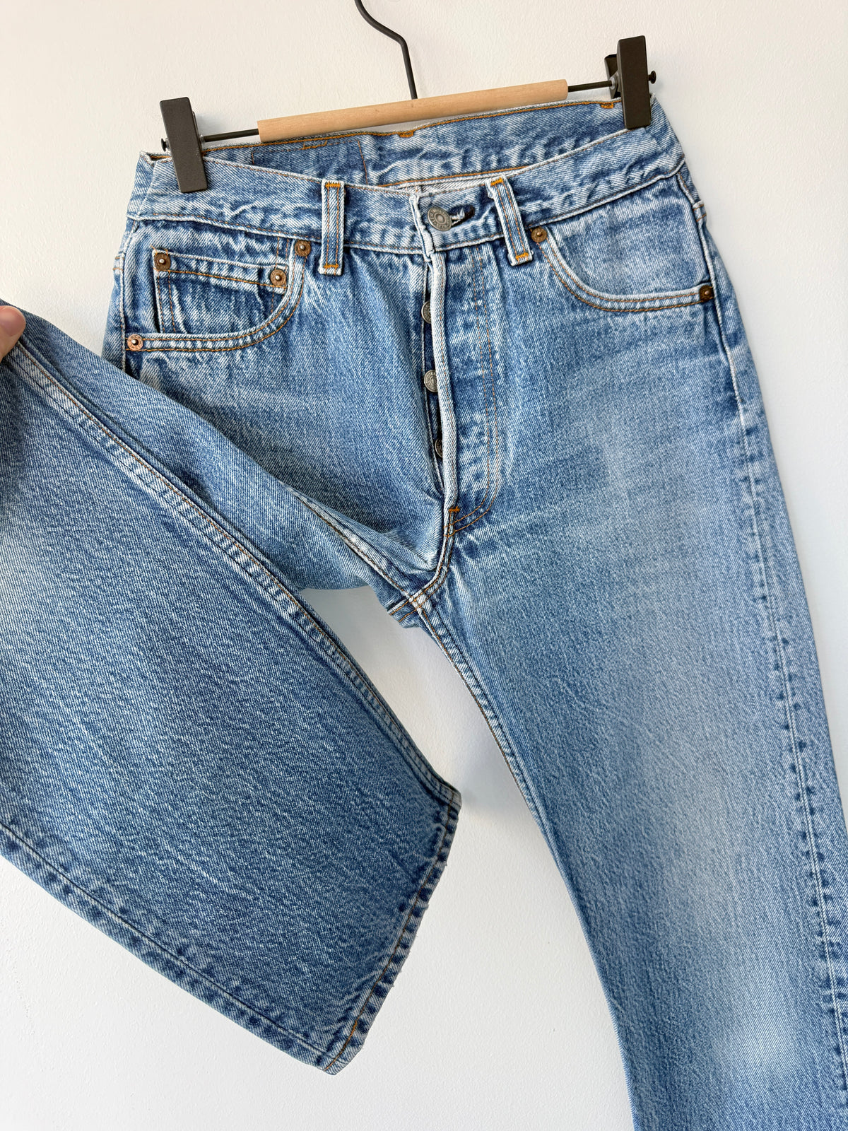 Re done denim W25 L30 vintage Levis 501 medium blue 23/25” measured waist 501s 80s USA