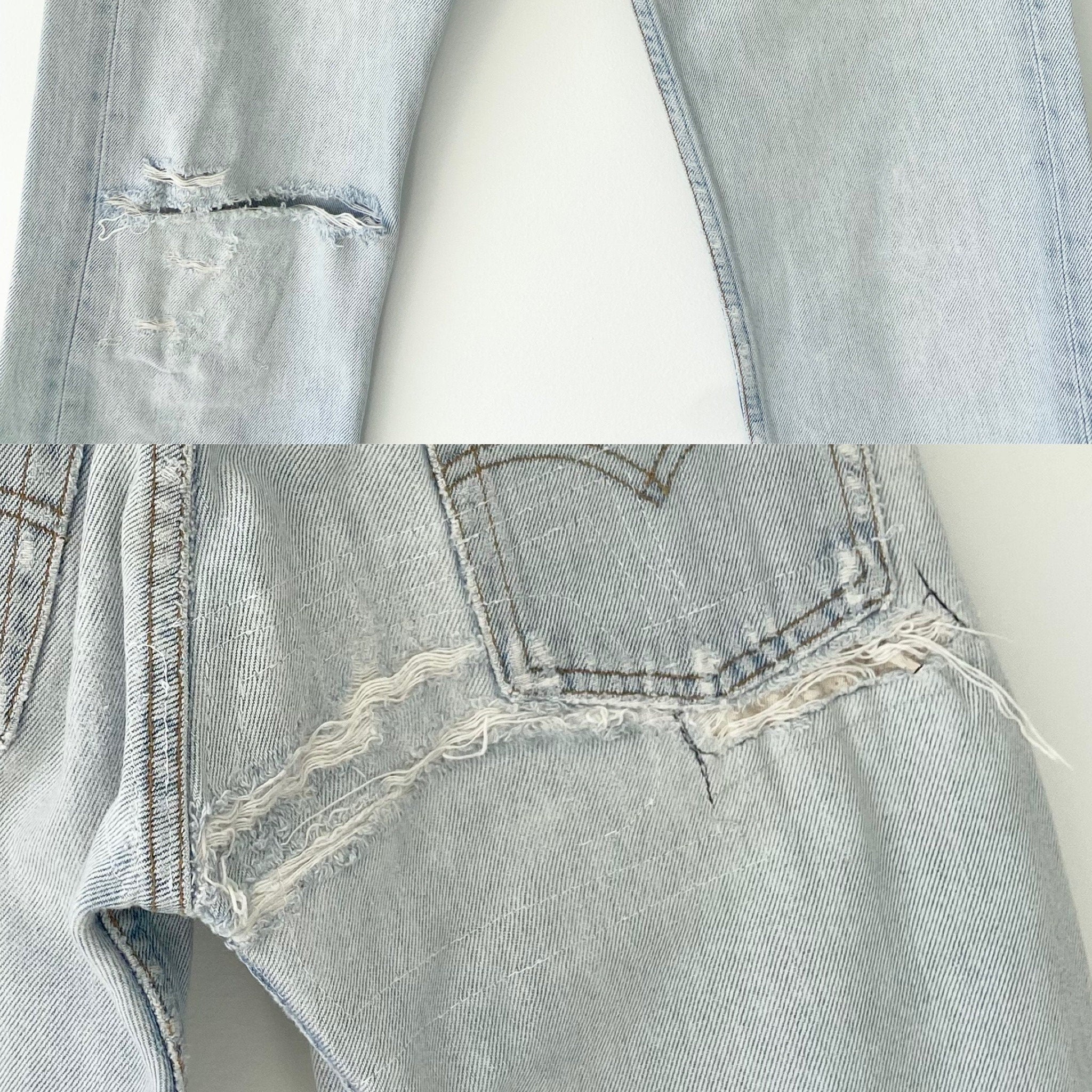 w25 L32 Vintage Levi’s 501 jeans stone wash light distressed soft made in France 1995 faded blue