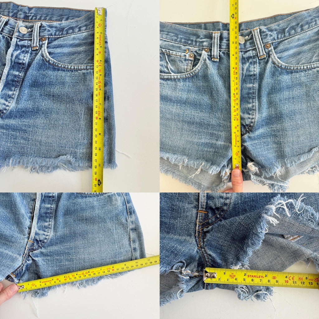 W27 selvedge Levis 501 vintage shorts 26-28” measured waist medium faded blue made in USA 70/80s
