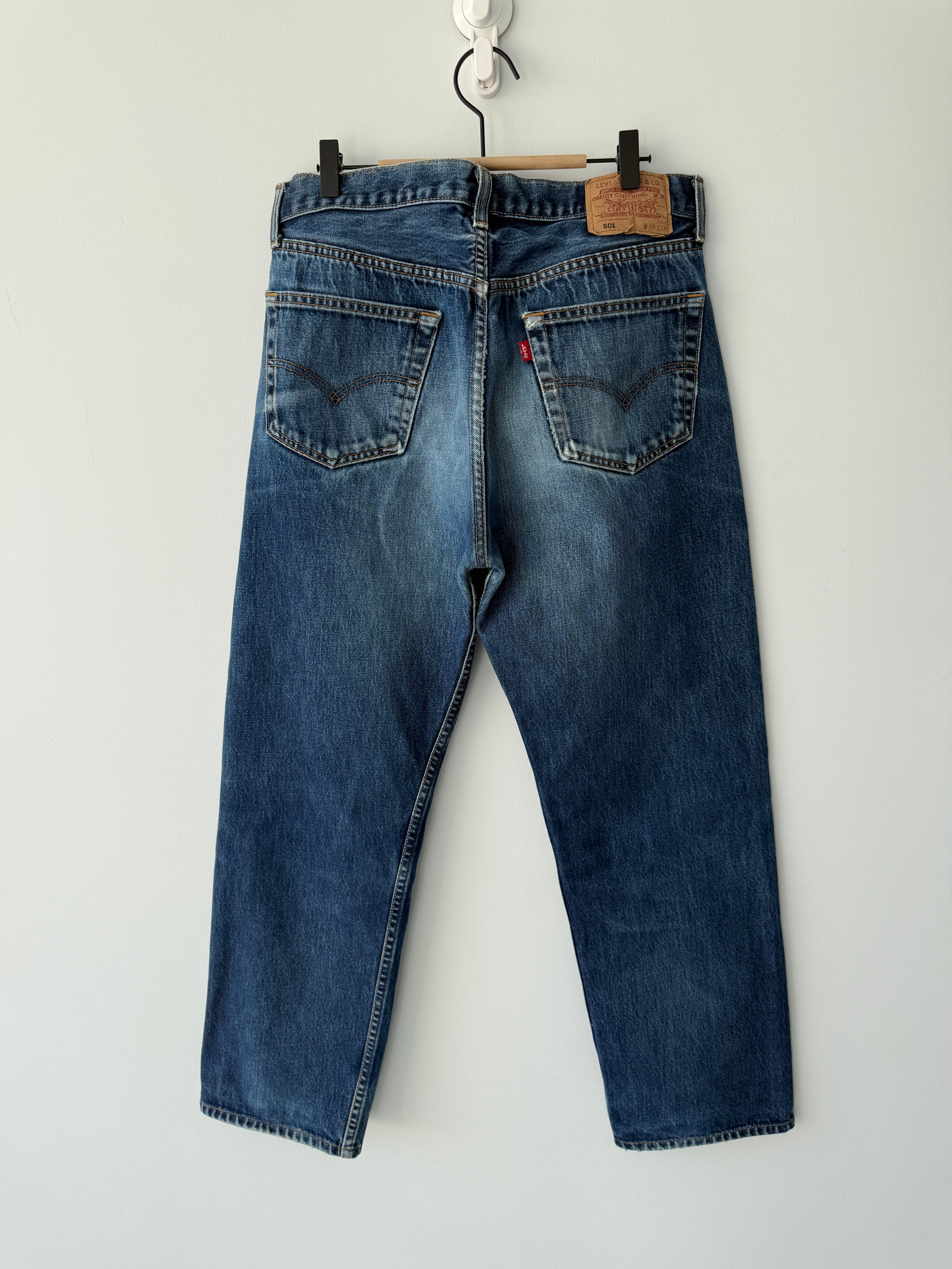 W33 L29 vintage Levis 501 32-33”” measured dark indigo denim whiskers Y2K 501s