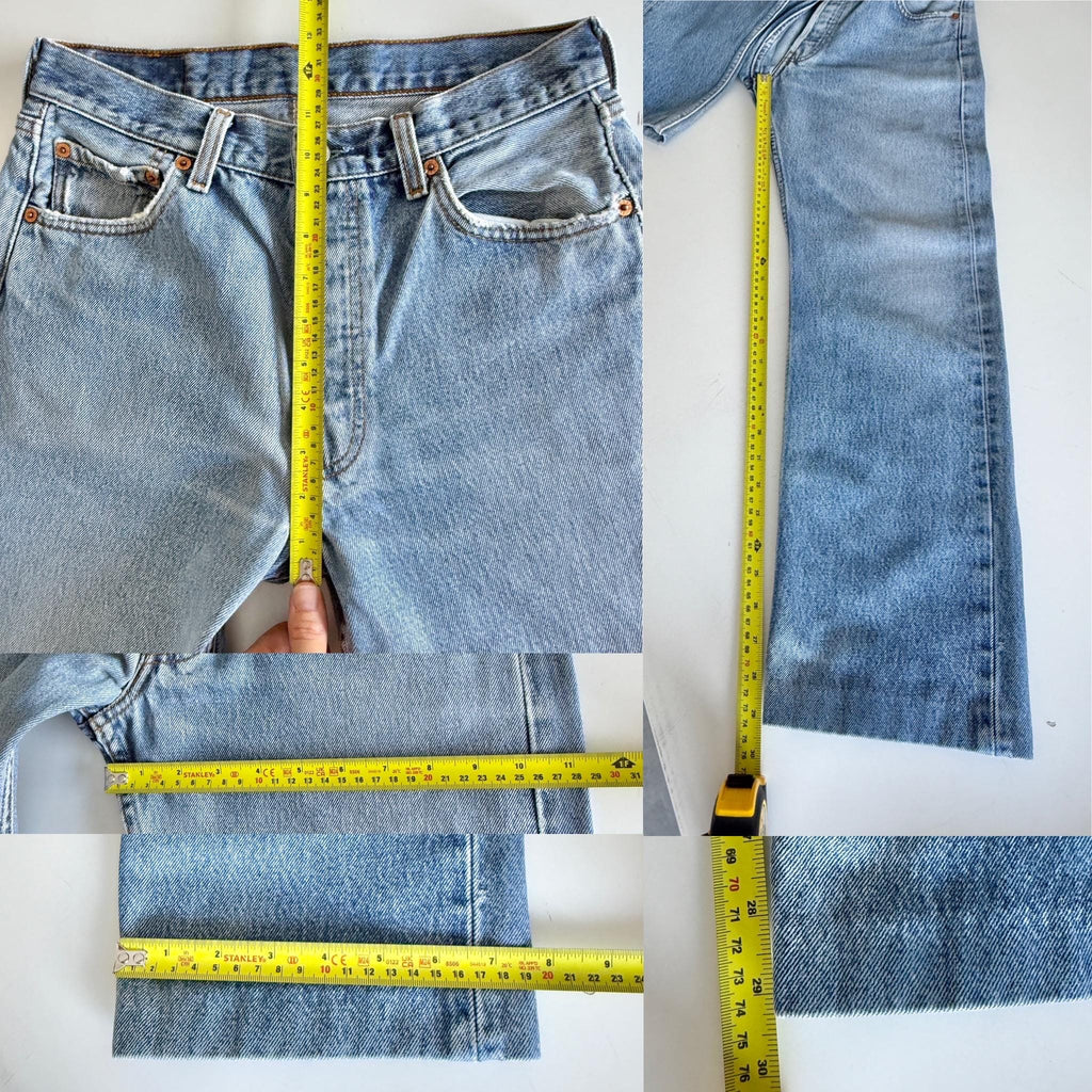 W29 L29 Levis 501 vintage 28-29” measured waist medium blue made 90s wallet mark