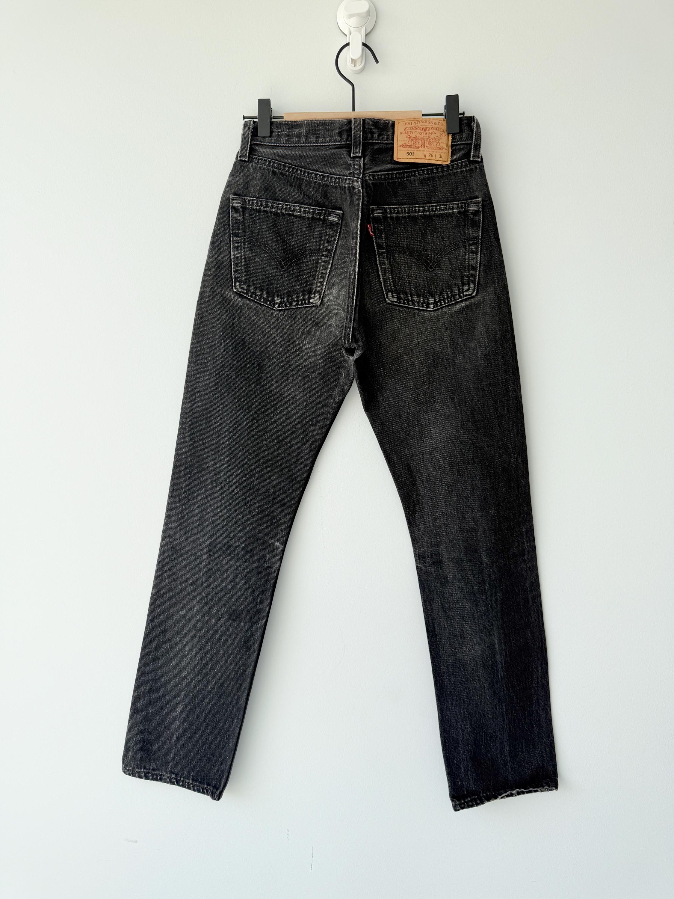 W24 L29 Levis 501 vintage 23-24” waist black faded grey 501s made in USA for women 90s