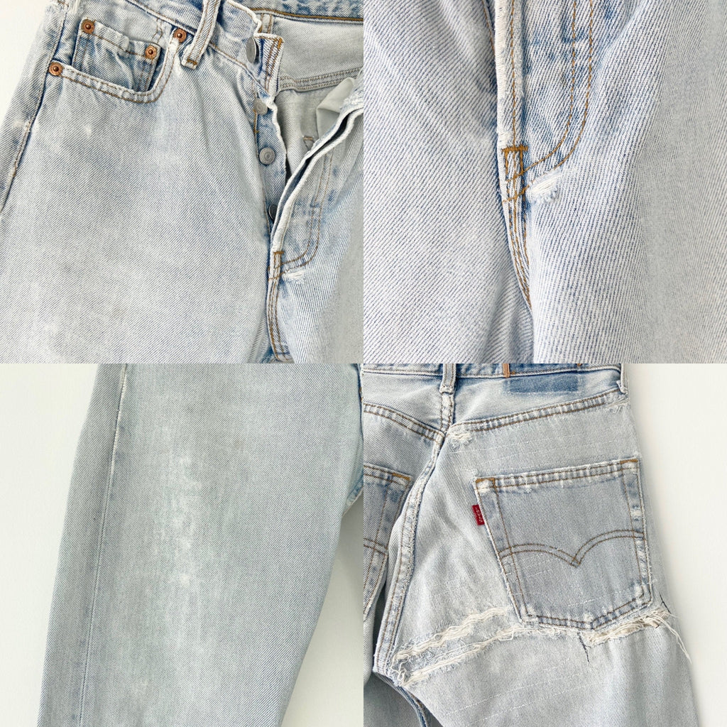 w25 L32 Vintage Levi’s 501 jeans stone wash light distressed soft made in France 1995 faded blue