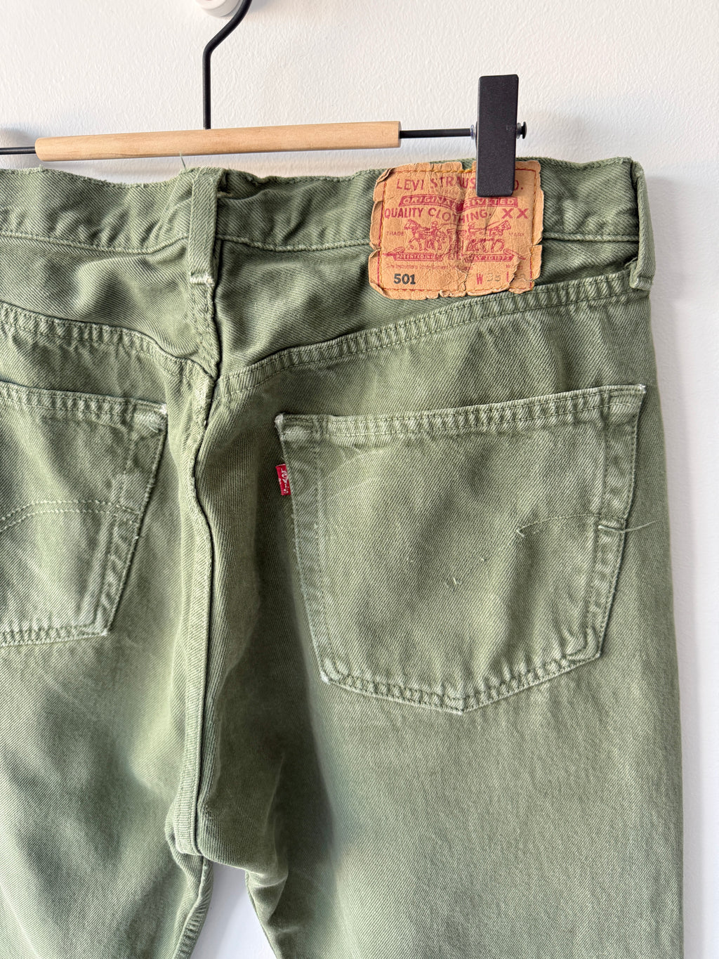 W35 L31 vintage Levis 501 34-35” measured dark green denim 90s USA 501s