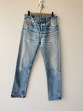 W30 L31 vintage Levis 501 29-30” measured dark whiskers faded blue 90s USA Levi’s 501s