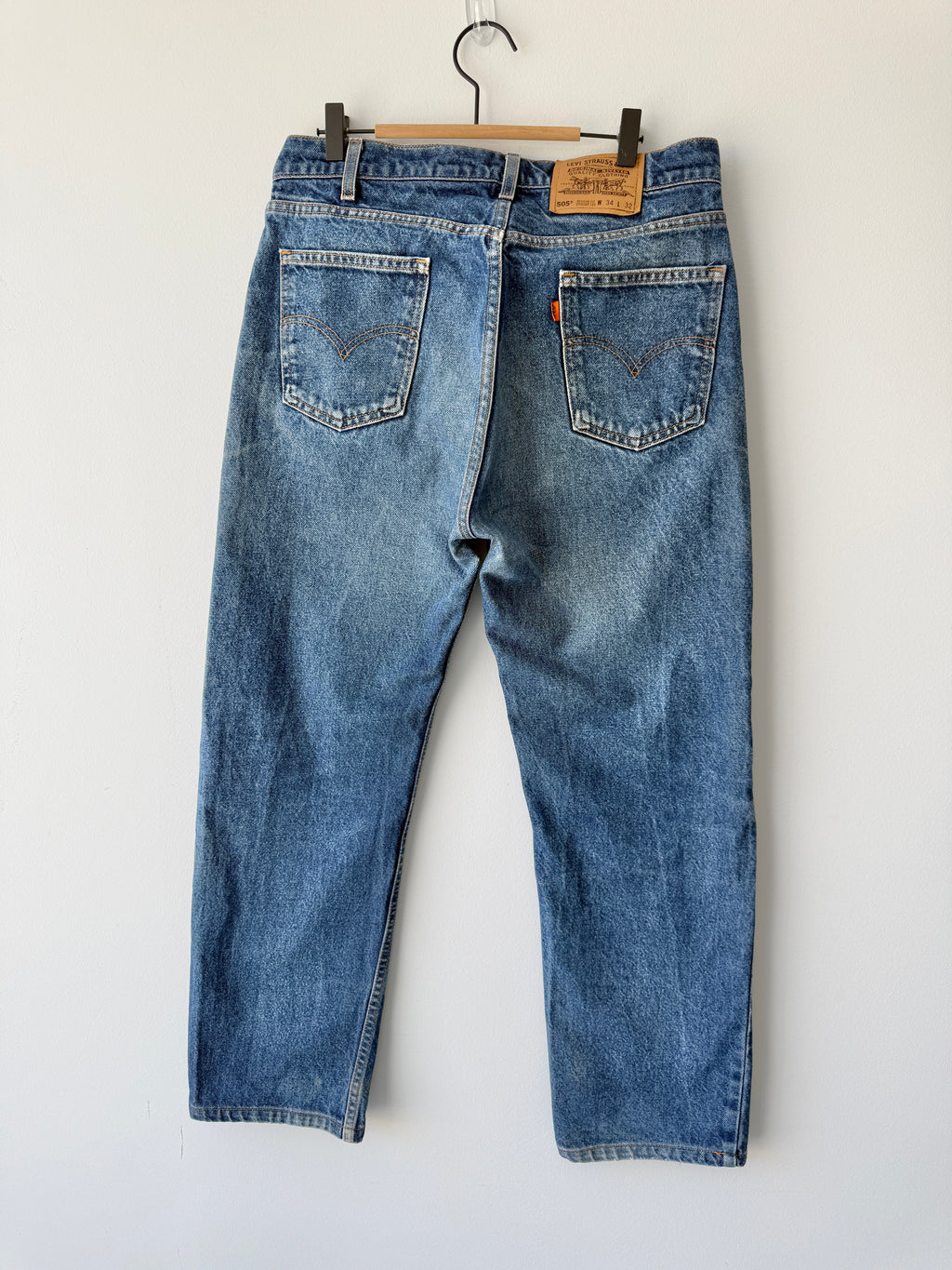 W32 L28 vintage Levis 505 30/33” measured waist dark faded blue orange tab 505s 90s USA