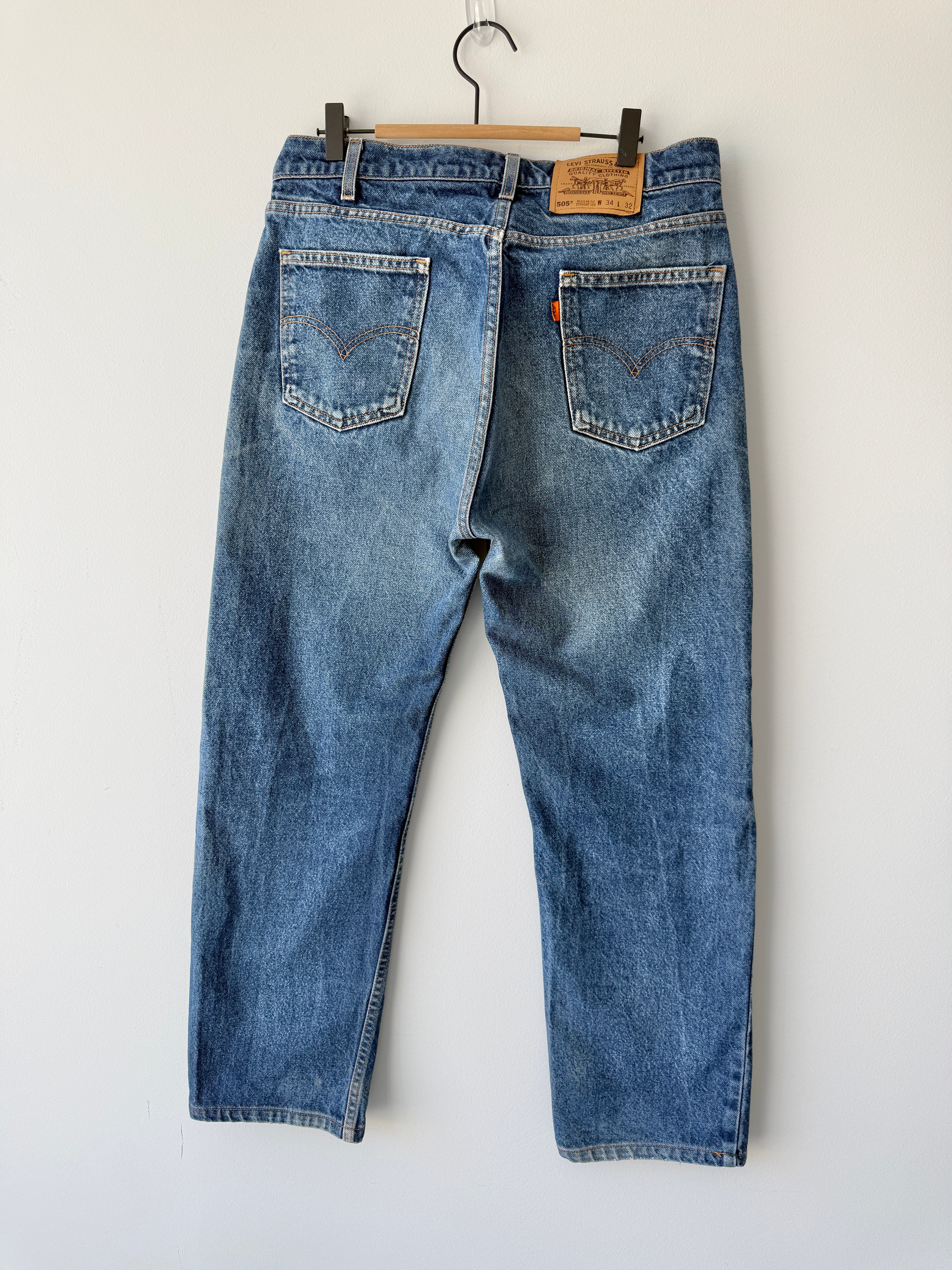 W32 L28 vintage Levis 505 30/33” measured waist dark faded blue orange tab 505s 90s USA