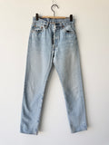 Soft W27 L32 vintage Levis 501s 26/27” measured light blue faded 90s USA 501s slim hips
