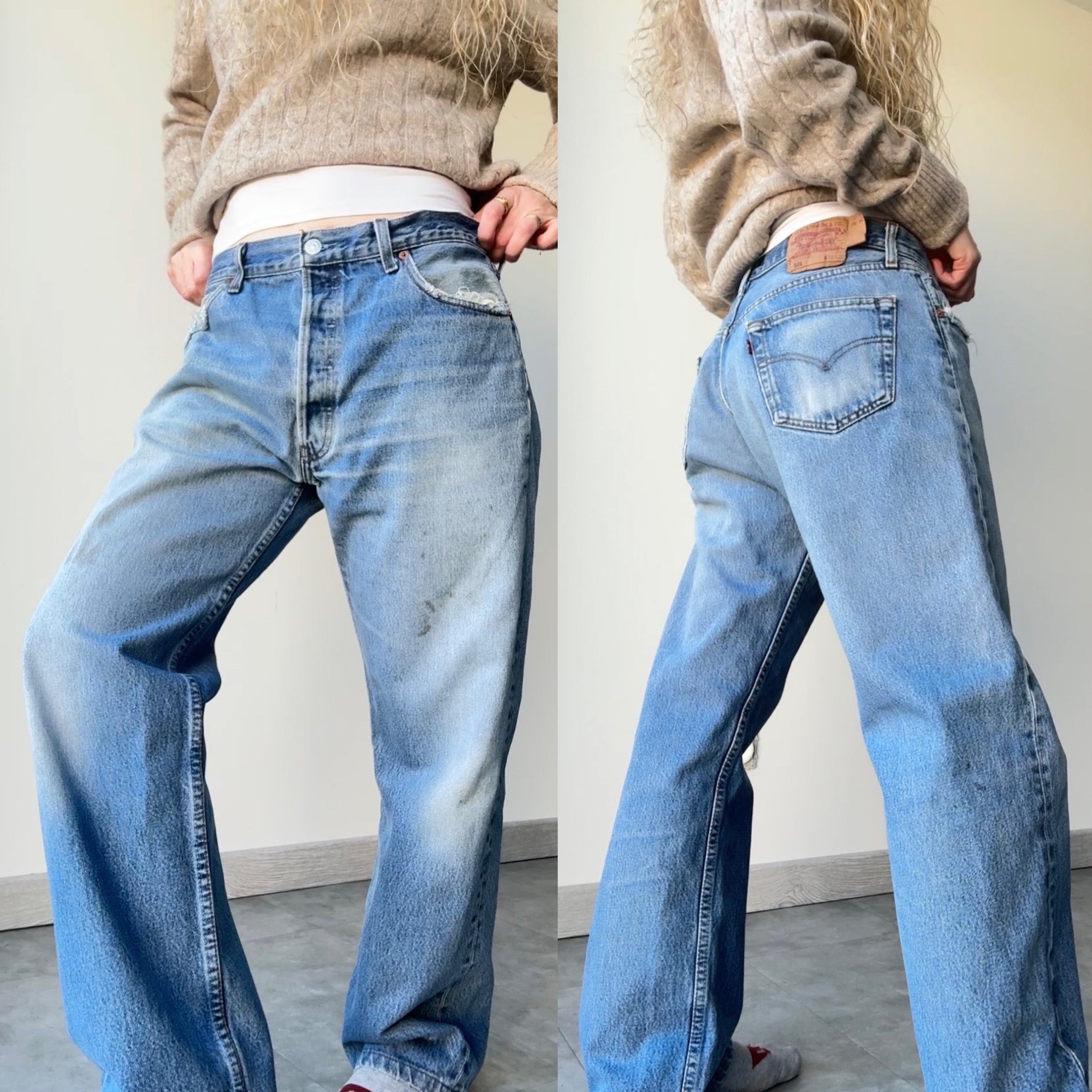 W33 L28 vintage Levis 501 32-33” measured medium faded blue denim Y2K wallet mark well worn in denim