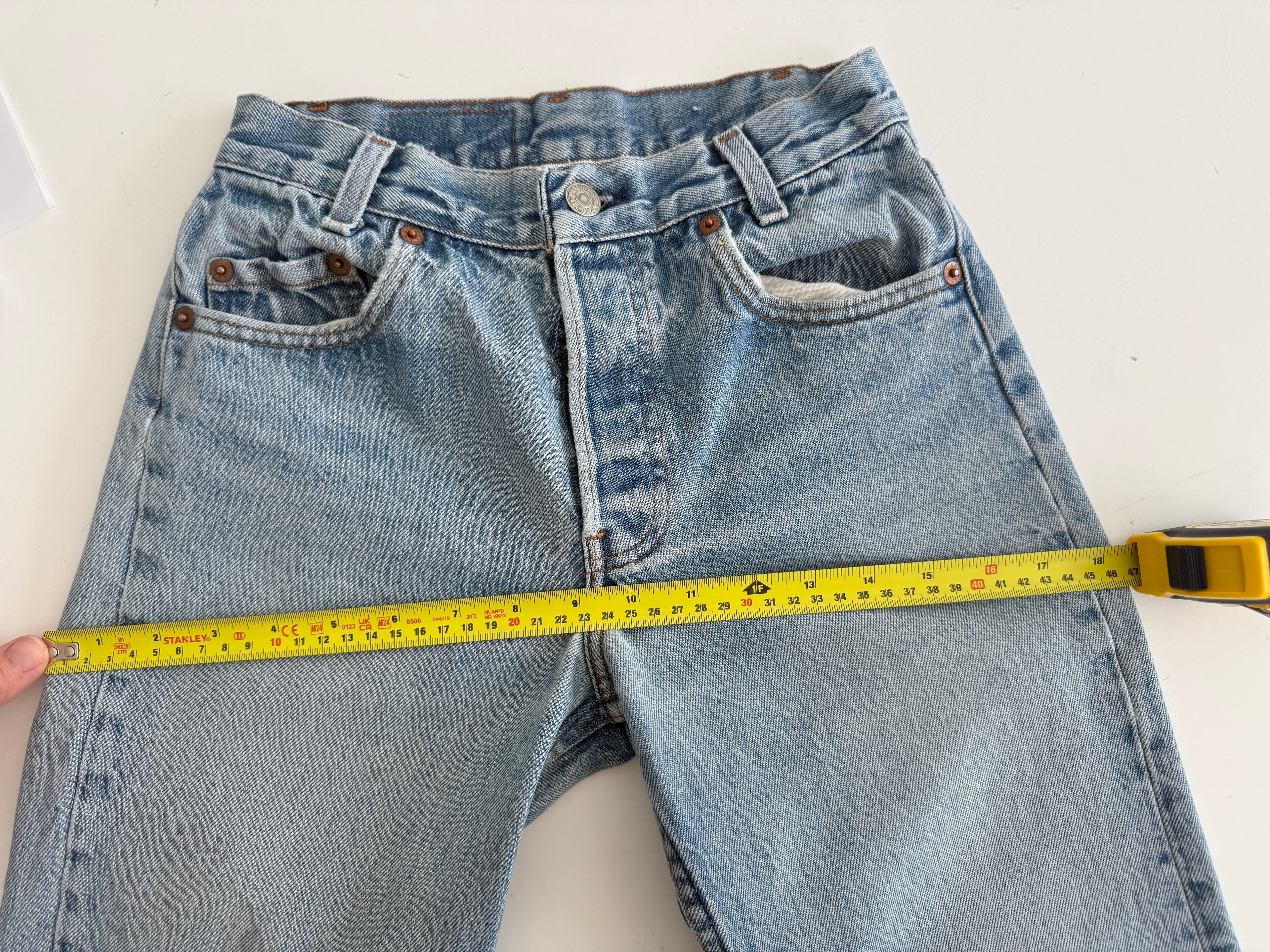 Soft W24 L28 vintage Levis 701s 23/24” measured waist light faded blue USA 80s 701s