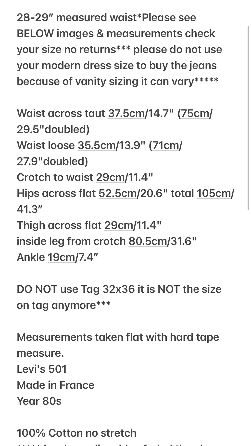 W29 L31 vintage Levis 501 28-29” measured medium faded blue made in 80s