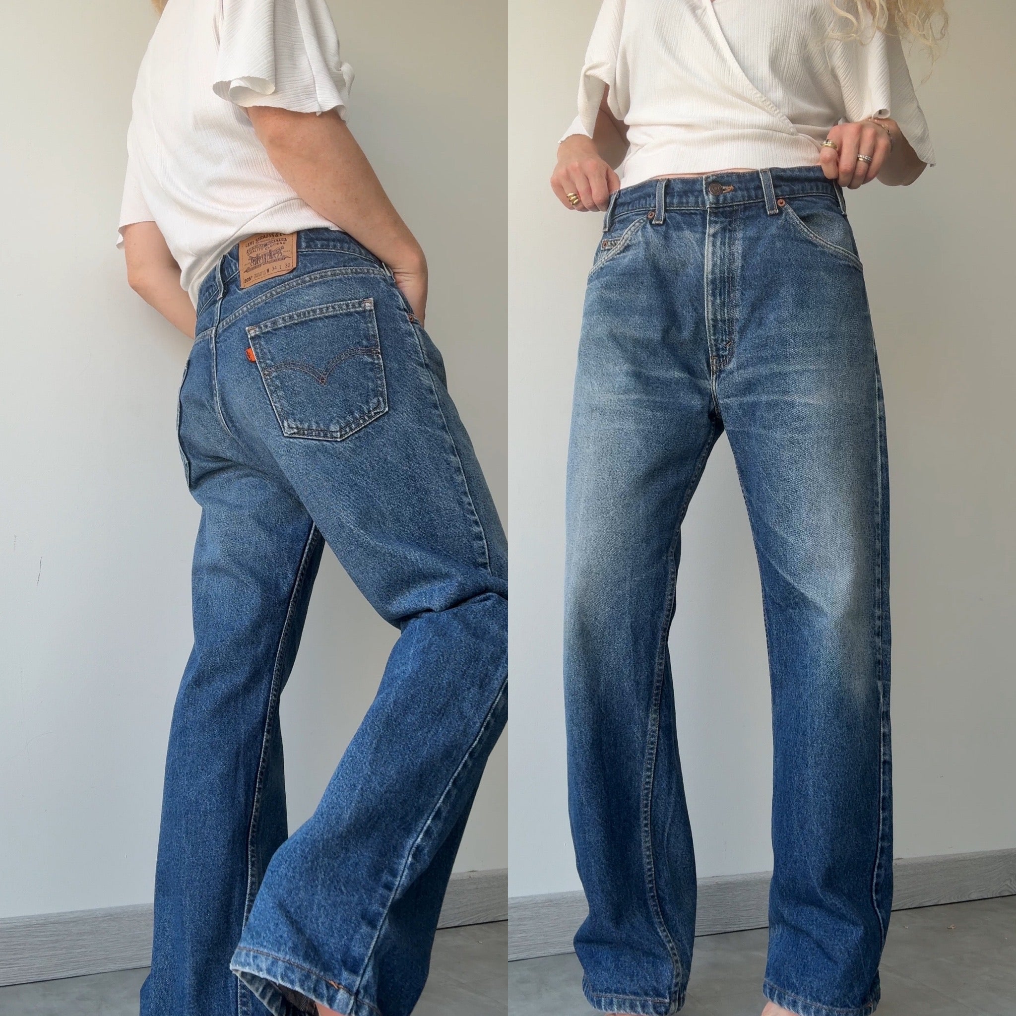 W32 L28 vintage Levis 505 30/33” measured waist dark faded blue orange tab 505s 90s USA