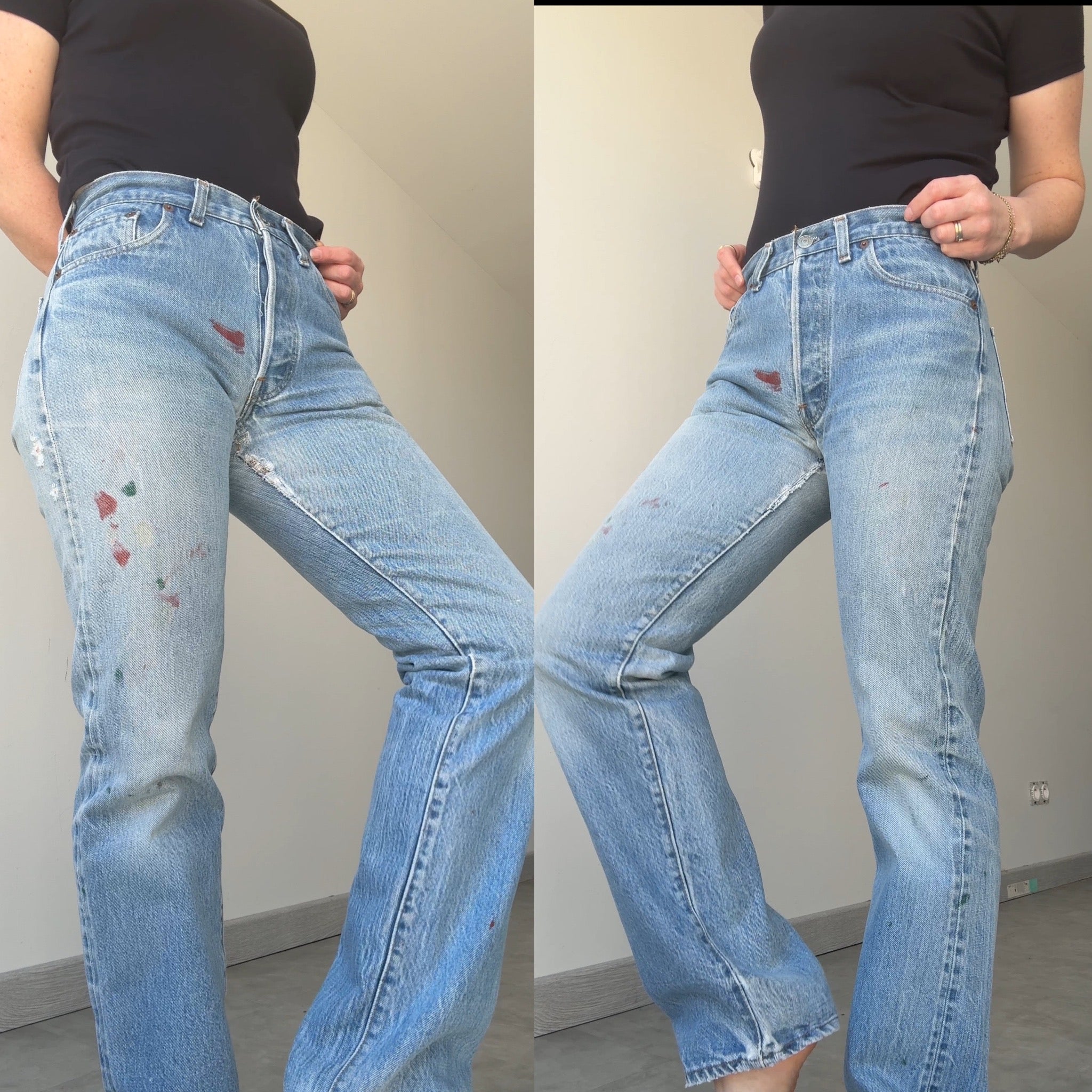 Selvedge W27 L30 vintage Levis 501 26-27”measured medium blue 80s USA 501 selvedge distressed & paint 501s