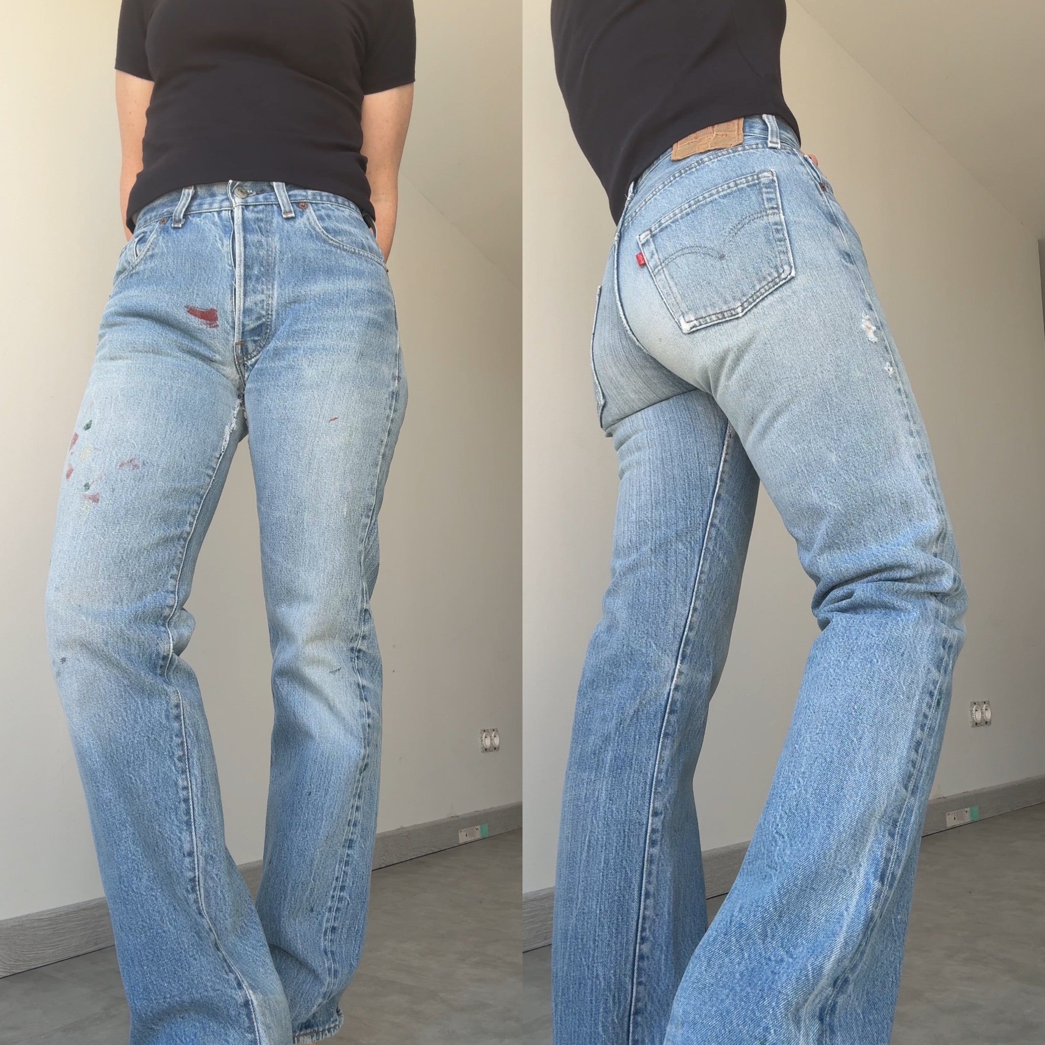 Selvedge W27 L30 vintage Levis 501 26-27”measured medium blue 80s USA 501 selvedge distressed & paint 501s
