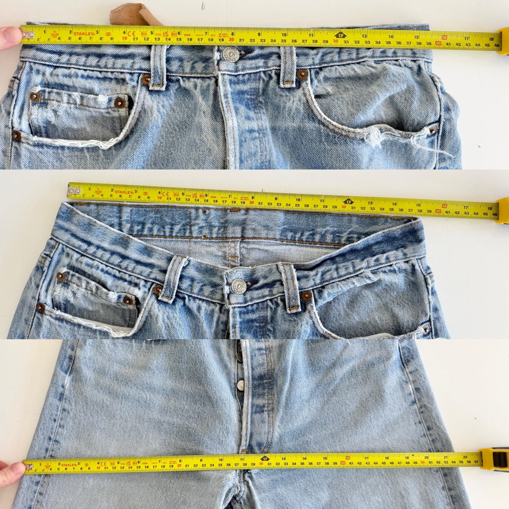 Held *** W29 L30 Levis 501 vintage faded light blue 501s made in USA 80s straight leg jeans 501 29-30” waist (mayuk)