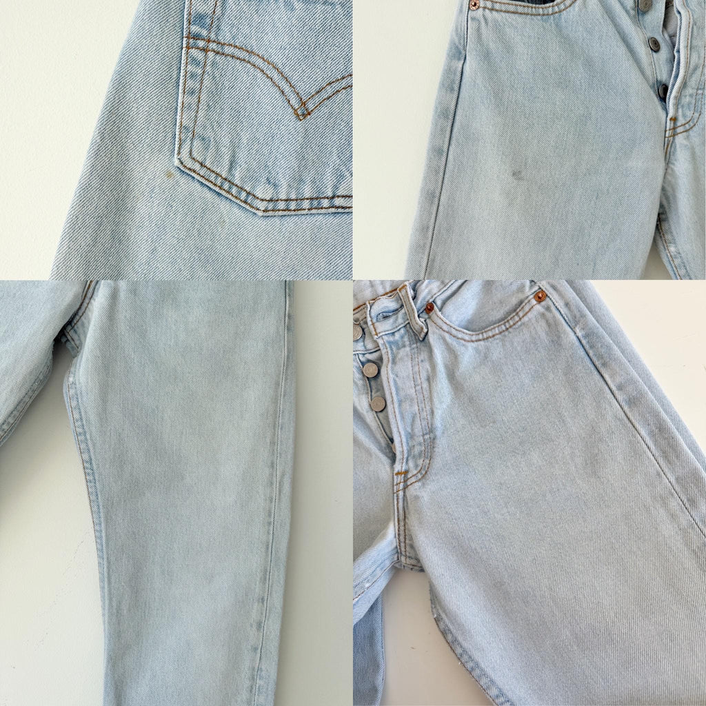 W23 L28 Levis 501 vintage 22-23” waist light blue 501s made in France 90s
