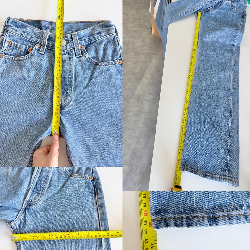 W22 L32 Levis 501 vintage 21-22” measured waist medium dark blue made in USA tag for women 90s hol