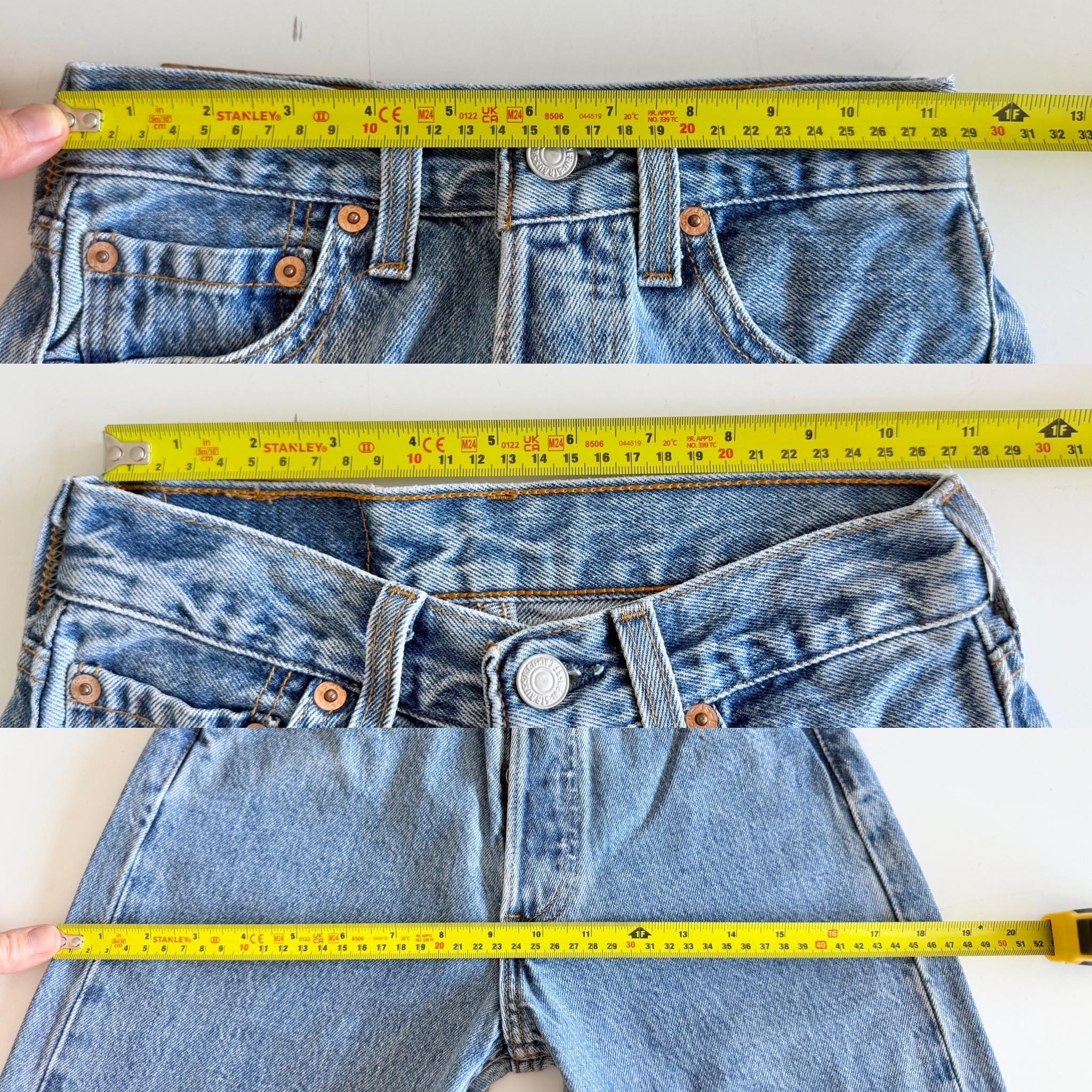 W22 L32 Levis 501 vintage 21-22” measured waist medium dark blue made in USA tag for women 90s hol