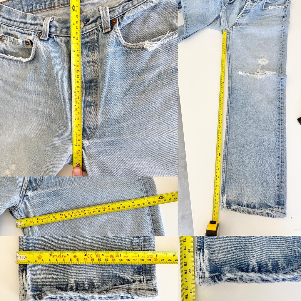 Held *** W29 L30 Levis 501 vintage faded light blue 501s made in USA 80s straight leg jeans 501 29-30” waist (mayuk)