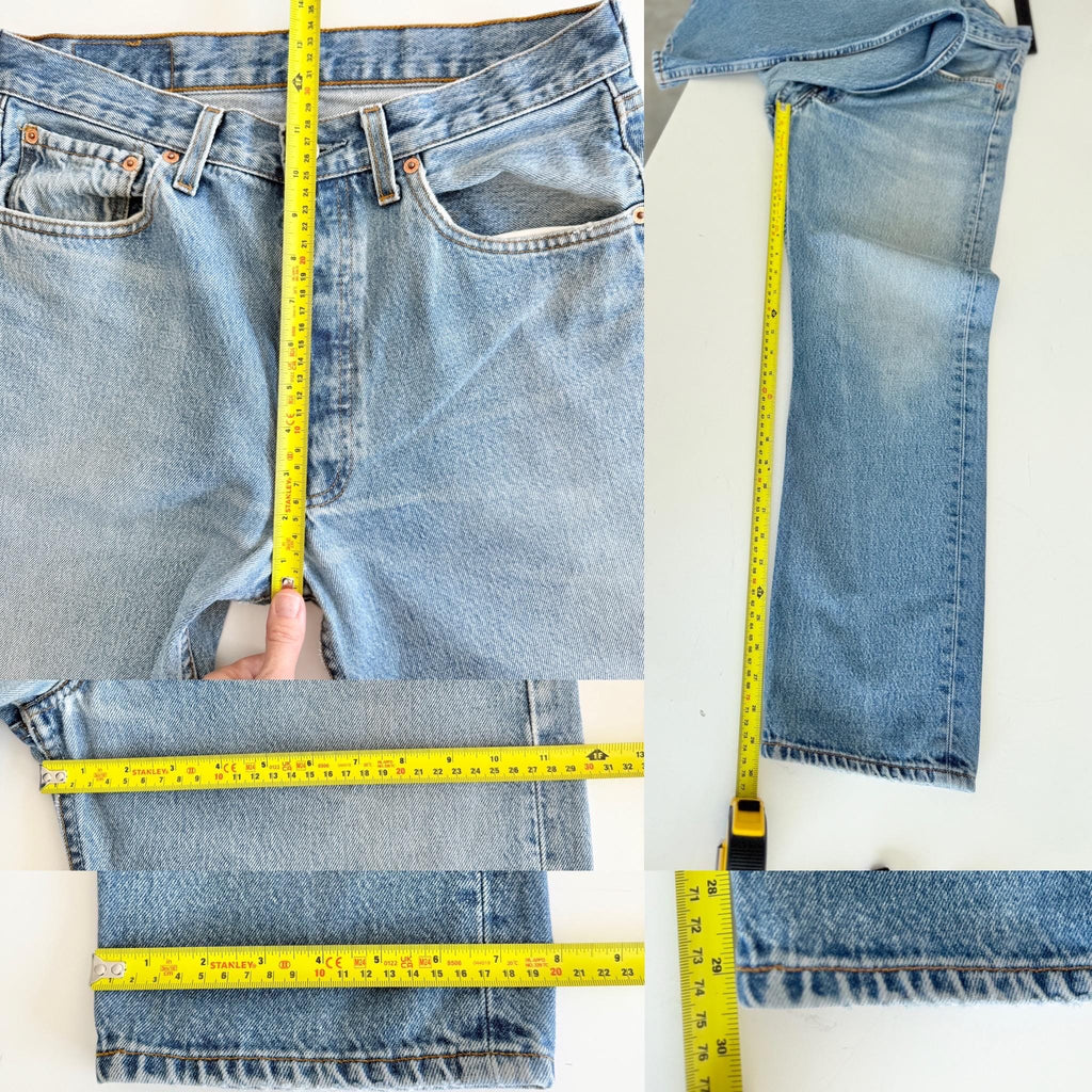 W36 L32 Levis 501 vintage 35-36” measured waist medium faded blue 501s made in USA 90s